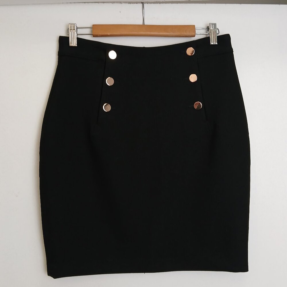 H&M Black Mini Mariner Gold Buttons Pencil Skirt NWOT Sz 8